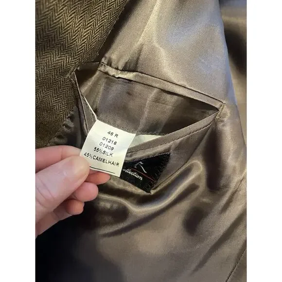 Jos A Bank Imperial Blend Brown Herringbone Silk Wool Blazer Jacket 46R NEW